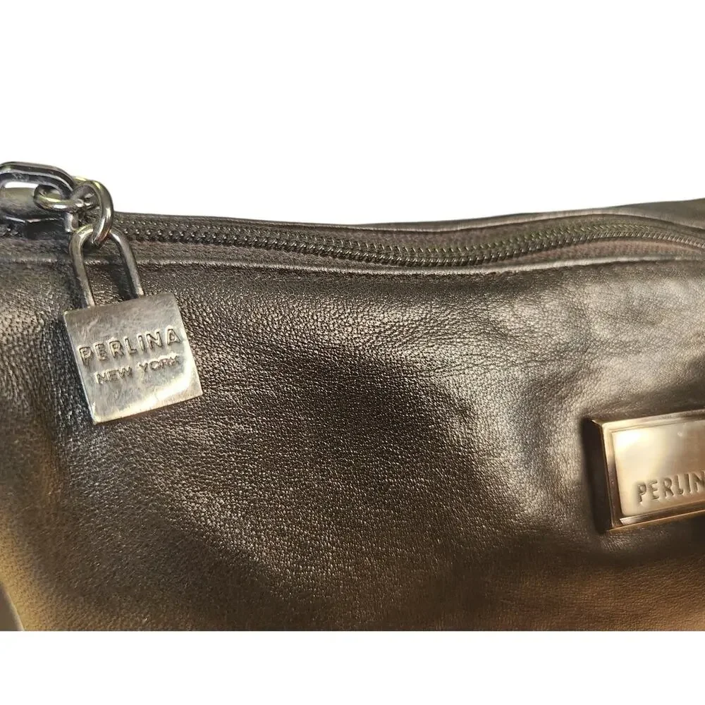 Vintage Perlina Black Leather Shoulder Crossbody Bag Purse